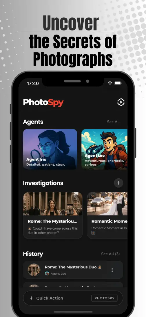 PhotoSpy home screen – map investigation view